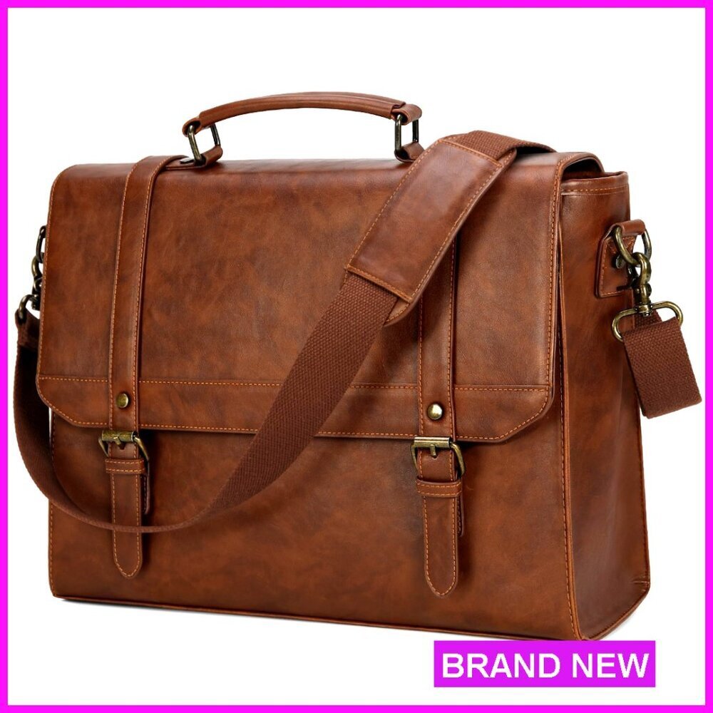 15.6 Inch Laptop Messenger Bag, Vintage Leather, Waterproof, Multiple Pockets